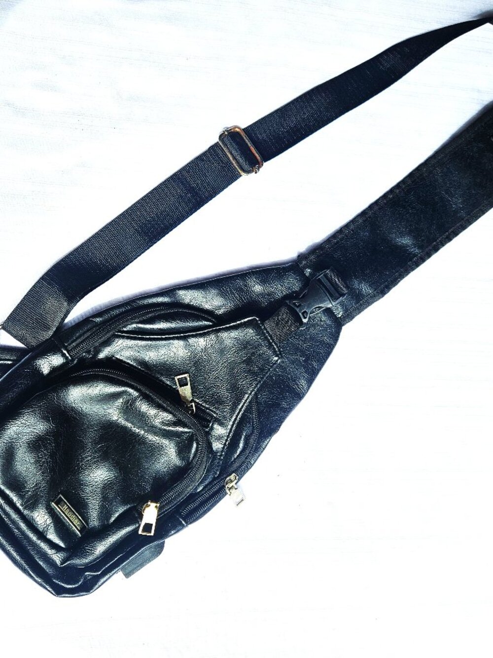 Stylish Haodier Black PU Leather Sling Bag with Multiple Zipper Compartments